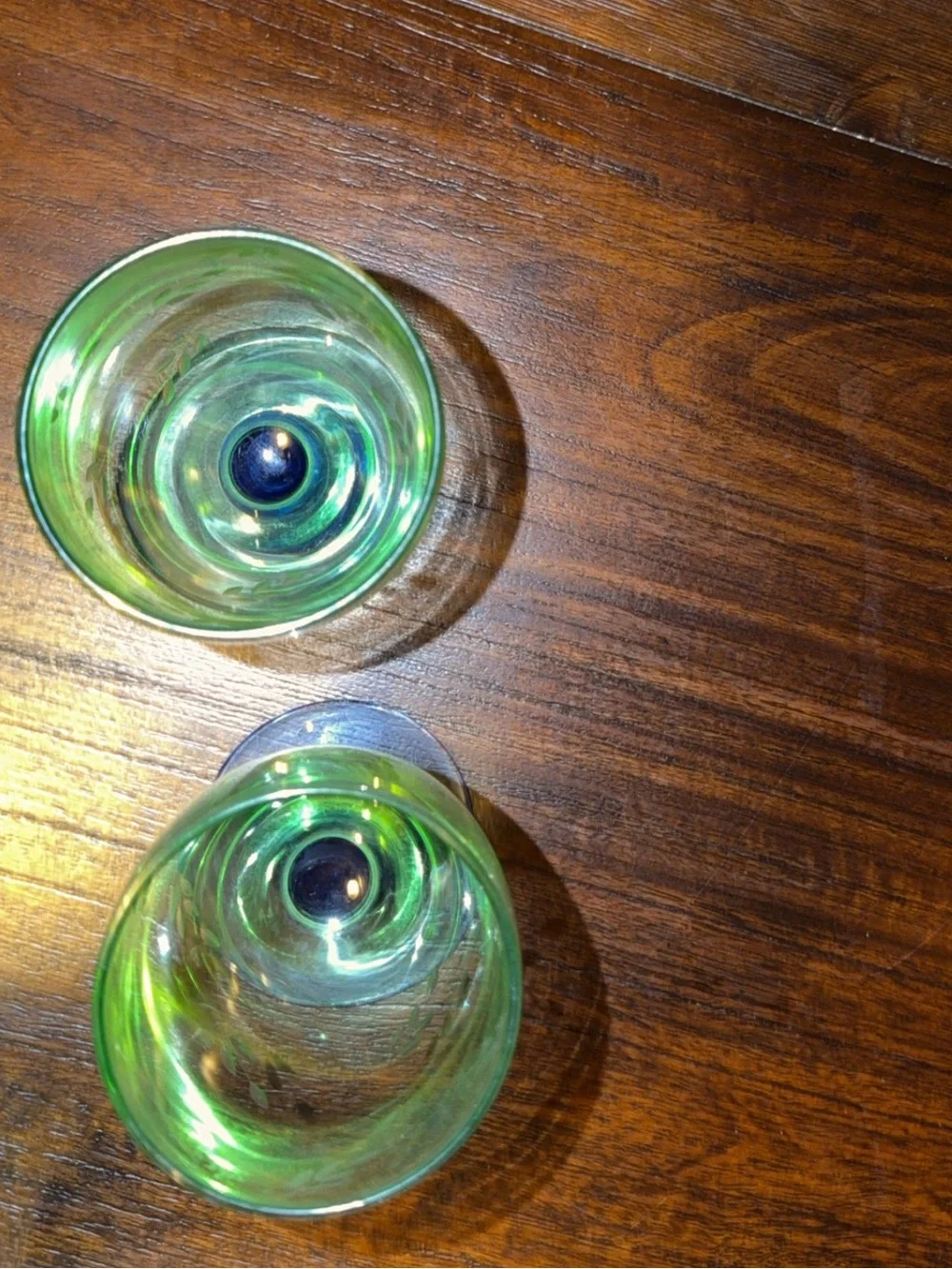 Vintage Etched Green and Blue Glass Goblets - Set of 2